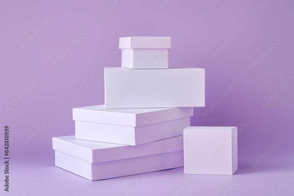 Product photography, tall and wide and shallow matte-white boxes with no seams, set against a pastel purple background, Front Angle Shot, Studio Lighting, Geometric Composition Product photography, tall and wide and shallow matte-white boxes with no seams, set against a pastel purple background, Front Angle Shot, Studio Lighting, Geometric Composition
