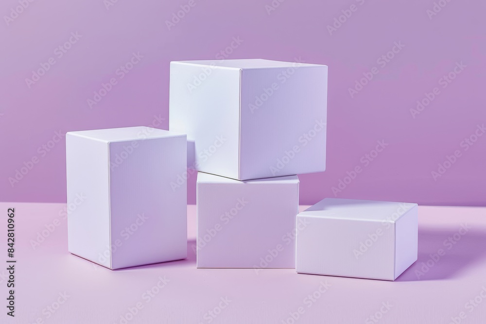 Product photography, tall and wide and shallow matte-white boxes with no seams, set against a pastel purple background, Front Angle Shot, Studio Lighting, Geometric Composition Product photography, tall and wide and shallow matte-white boxes with no seams, set against a pastel purple background, Front Angle Shot, Studio Lighting, Geometric Composition