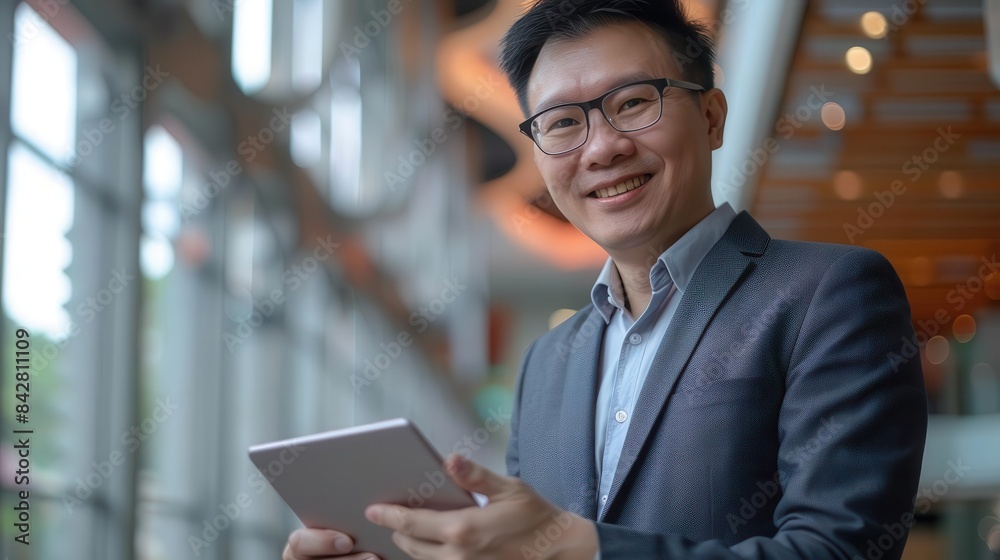 happy asian businessman using tablet professional ceo portrait office setting happy asian businessman using tablet professional ceo portrait office setting