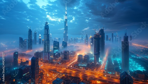 Futuristic digital cityscape with towering skyscrapers and illuminated highways