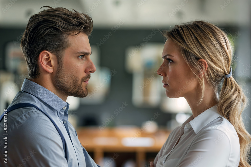 Young professional man and woman in business attire, standing face-to-face with serious expressions, in a modern office setting, emphasizing confrontation and tension Young professional man and woman in business attire, standing face-to-face with serious expressions, in a modern office setting, emphasizing confrontation and tension