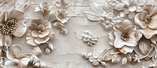 Beautiful flower 3d relief wallpaper. Mural wallpaper. Wall art. AI generated illustration.