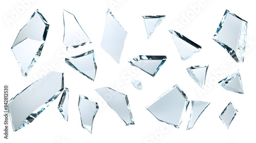 Set of pieces broken glass isolated on white background