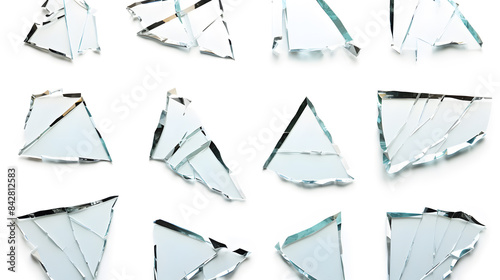 Set of pieces broken glass isolated on white background photo