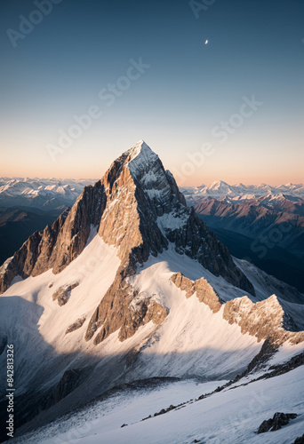 a mountain peak with snow and a moon in the sky