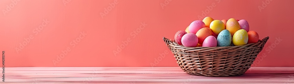 Colorful Easter eggs in wicker basket on pink background holiday decoration with ample space Colorful Easter eggs in wicker basket on pink background holiday decoration with ample space