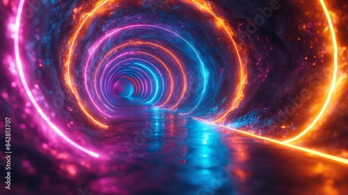 Glowing neon tunnel with vibrant lights, futuristic concept