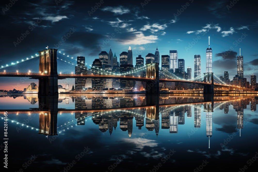 Fototapeta premium Brooklyn bridge enlightened at night, connecting Manhattan and Brooklyn., generative IA