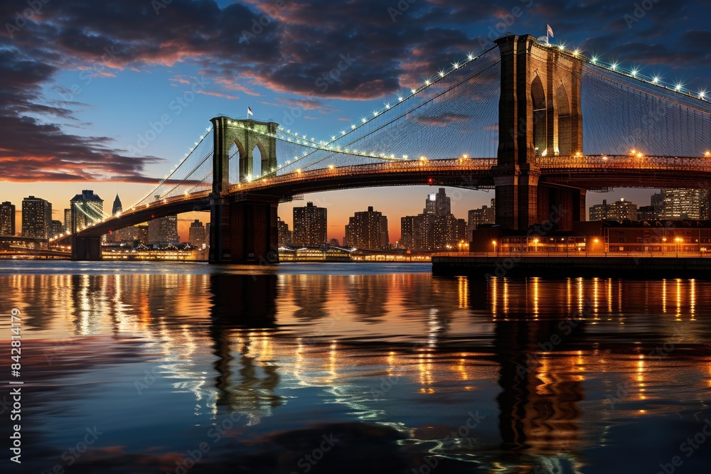 Obraz premium Brooklyn bridge enlightened at night, connecting Manhattan and Brooklyn., generative IA
