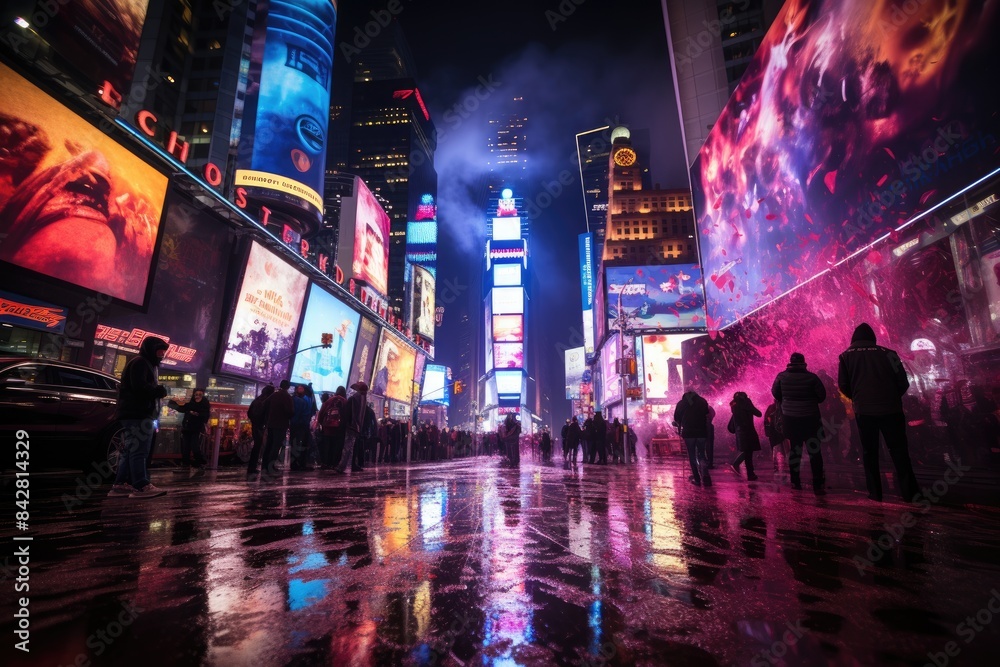 Naklejka premium Times Square at night a sea of ??bright lights., generative IA