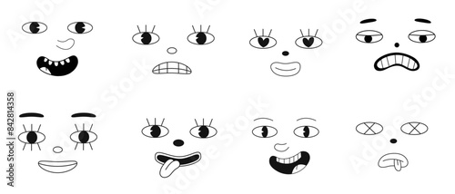 Set of Cartoon comic groovy face emotions, vector illustration on a white background. Whimsical characters feelings in retro funky style, monochrome personage emoticons