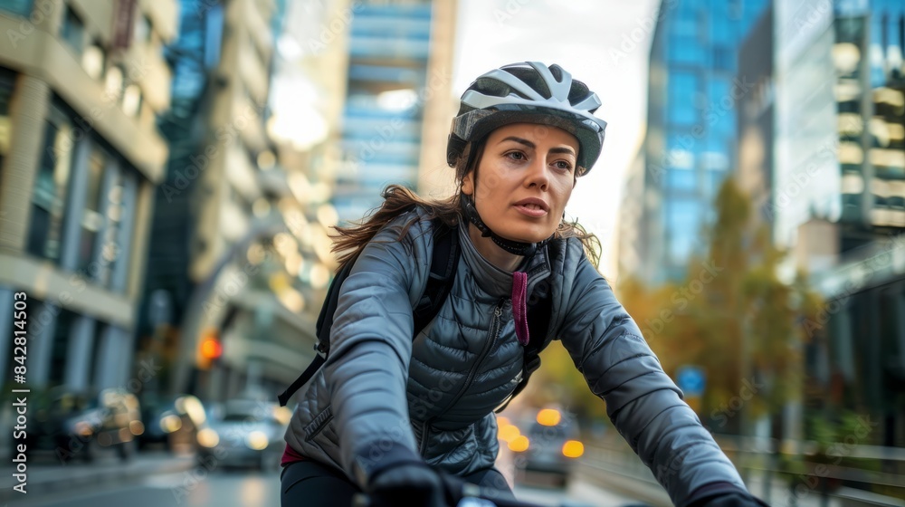 Fototapeta premium A woman wearing a helmet and jacket cycles down a city street. The buildings in the background are blurred, and the sky is overcast