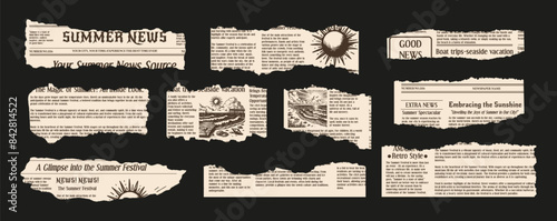 Trendy set of torn newspapers in the grunge style. A summer newspaper with uneven, jagged edges for collages. Retro elements for the design. Vector.