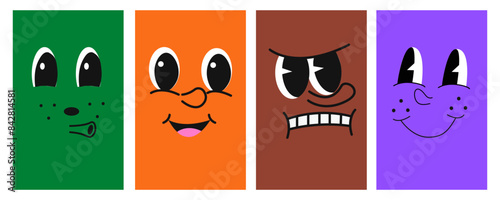 A set of colorful funny faces in retro cartoon style, colored faces with different emotions. Vector illustration. Face cartoon mood