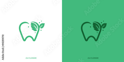 Dental Mint Logo Design. Fresh Dental Green Leaf with Minimalist Style. Dental Care Logo, Icon, Symbol, Vector, Design Template.