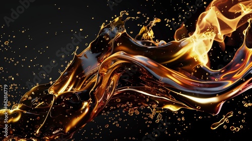 dance of oil and fire, liqiud engine oil , isolated on black background, cinematic 3d 