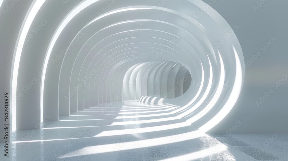 Fototapeta premium Decorative 3D render with abstract architecture as the background and curved white stairways as the interior. Stock.