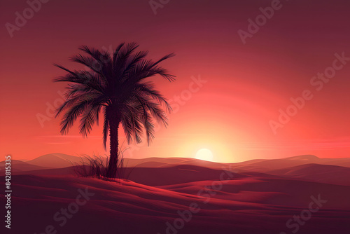 Solitary Palm Tree in Desert Sunset