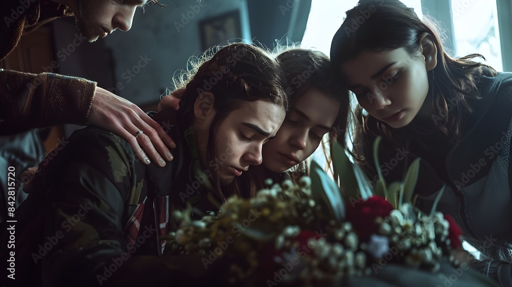 Comforting friends provide emotional support during difficult time of grief and mourning Comforting friends provide emotional support during difficult time of grief and mourning