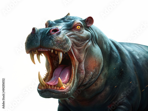 Agresive hippo hippopotamus mad look camera open mouth transparent background photo