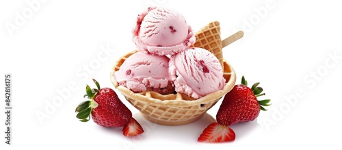 Strawberry ice cream with wafer stick in waffle bowl isolated on a white background