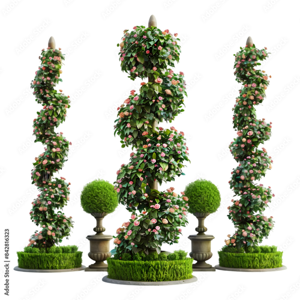 Fototapeta premium Artistic Topiary Spiral Trees on transparent background