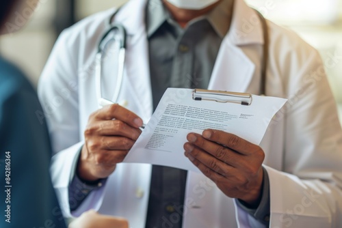 a doctor who shows a document in front of a patient , Stock image, High quality image, very realistic in expression, natural lighting, highly detailed, The texture is very realistically expressed,, sh photo