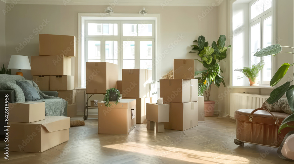 Empty living room with stacked boxes: relocating, renovating, or preparing for repairs, affordable housing solutions.