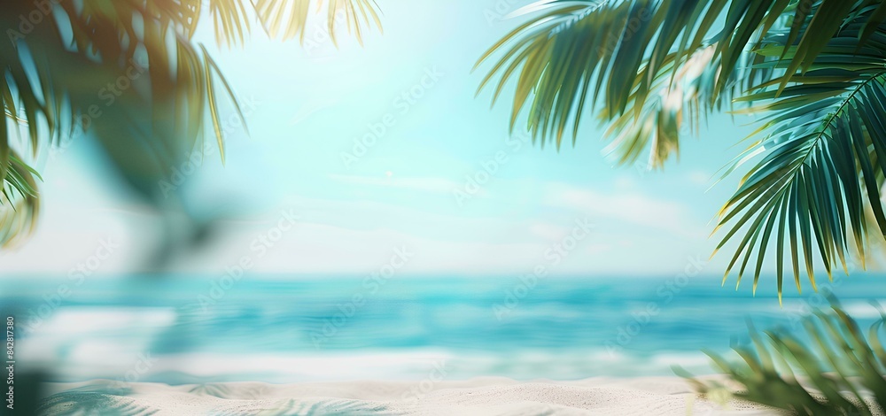 Beautiful blurred background of a sandy tropical beach and palm leaves with copy space for product display, conveying a summer vacation concept Beautiful blurred background of a sandy tropical beach and palm leaves with copy space for product display, conveying a summer vacation concept