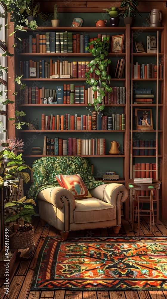 A cozy living room with a bookshelf filled with travel books (realistic) A cozy living room with a bookshelf filled with travel books (realistic)