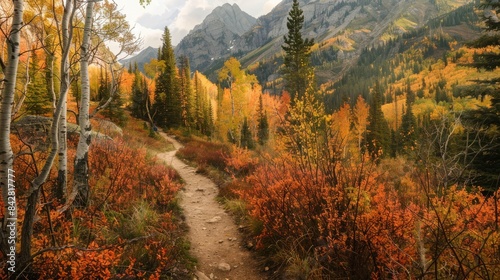A scenic hiking trail winds through a forest in full autumn glory, with vibrant yellow, orange, and red leaves