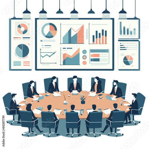 A vector image of a board of directors meeting, with people around a conference table, charts on the wall, and a presentation screen. Minimalist style with flat colors.