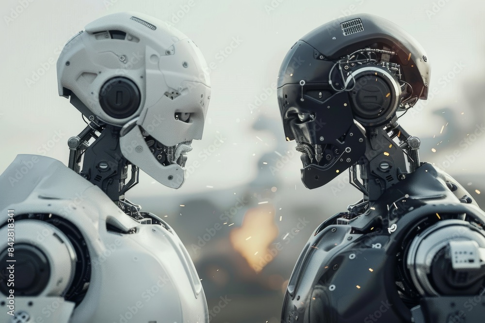 a realistic photo of two group of robot facing each other in battlefield a realistic photo of two group of robot facing each other in battlefield