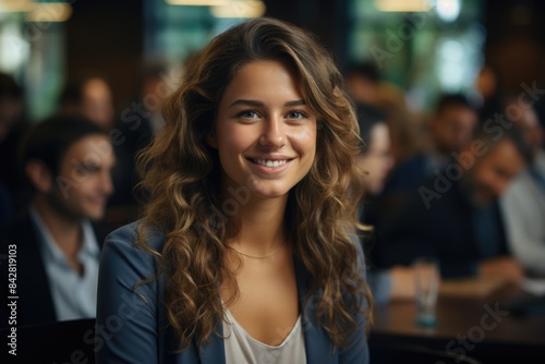 Businesswoman smiling while leading a productive team meeting in a conference room, generative IA