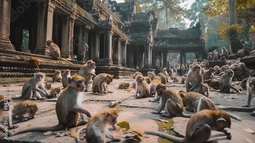 AI generator image of cinematic eye level centered wide angle photo of an ancient stone temple courtyard packed with dozens of monkeys of different kinds and sizes, outdoor natural lighting