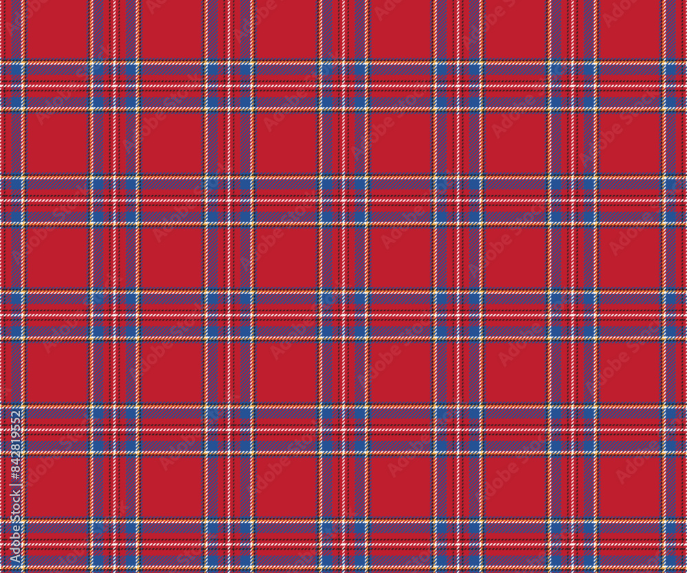 Obraz premium Plaid fabric pattern, red, blue, white, yellow, black, seamless for textiles, and for designing clothing, skirts, pants or decorative fabric. Vector illustration.