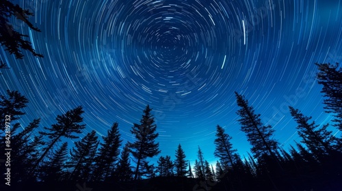 A mesmerizing wide angle photo capturing star trails over a pine forest