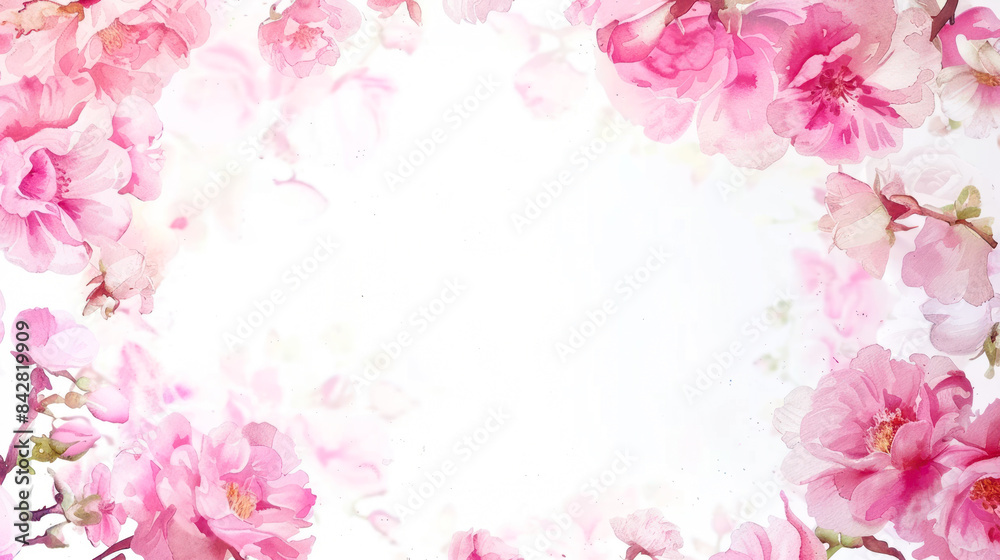 Beautiful floral frame with flowers. Pink roses and green leaves on white background. Copy space. Watercolor illustration. Greeting card design, invitation, botanic background Beautiful floral frame with flowers. Pink roses and green leaves on white background. Copy space. Watercolor illustration. Greeting card design, invitation, botanic background