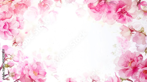 Beautiful floral frame with flowers. Pink roses and green leaves on white background. Copy space. Watercolor illustration. Greeting card design, invitation, botanic background