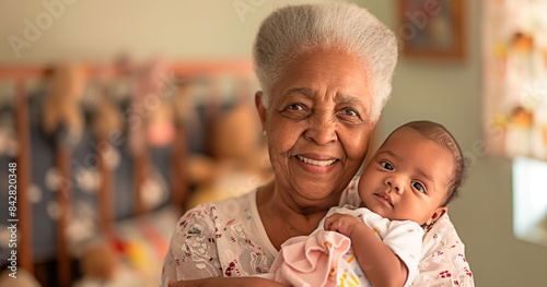 African American grandmother with her new grandbaby in nursery. Happy grandmother and newborn bonding moment at home. photo