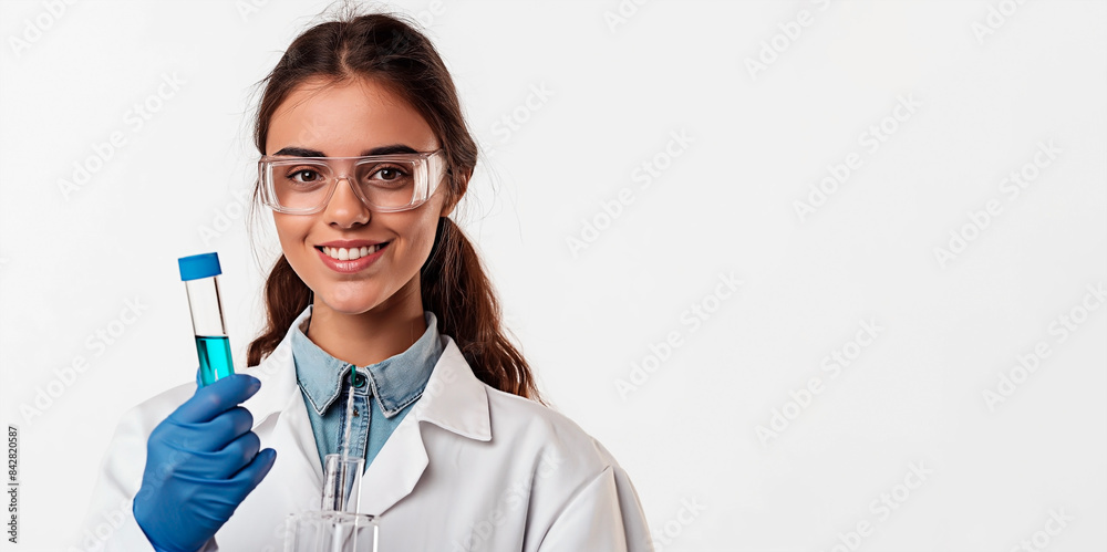 A young female scientist in lab outfit holding a test tube. Lab technician isolated on white background with copy space. A young female scientist in lab outfit holding a test tube. Lab technician isolated on white background with copy space.