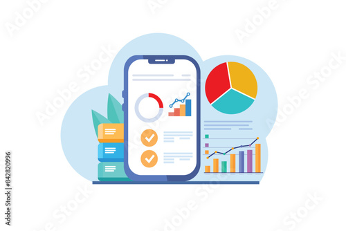 Business data and statistics concept with smartphone and graphs, illustrating analytics, Ideal for financial data, marketing insights, and data visualization. Flat graphic vector illustration