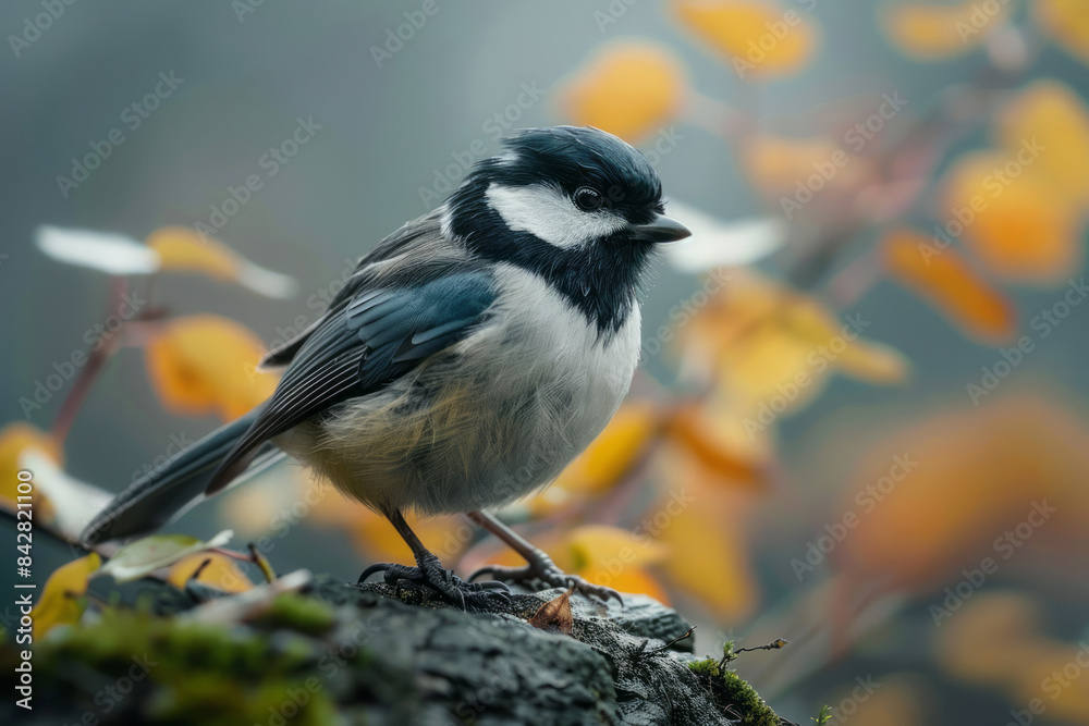 Elegant photo of a bird with under-eye patches, sitting quietly on a perch, Elegant photo of a bird with under-eye patches, sitting quietly on a perch,