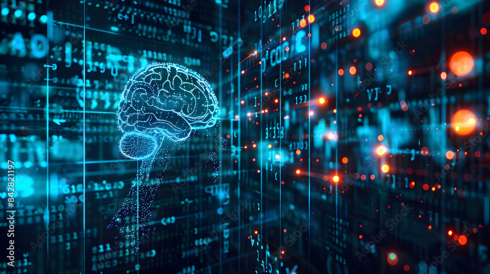 Digital brain and cyber technology background with glowing data. AI concept for a futuristic digital marketing Digital brain and cyber technology background with glowing data. AI concept for a futuristic digital marketing