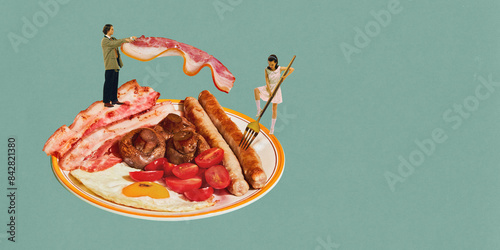 Vintage-style people, men and women standing inside giant plate with breakfast against light teal background. Contemporary art collage. Concept of food, pop art, surrealism. Creative colorful design.