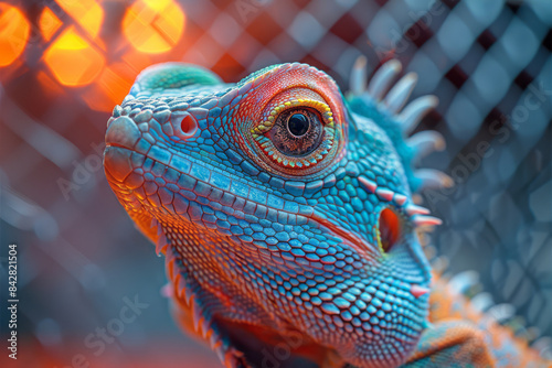 Detailed view of a lizard with eye patches, basking under a heat lamp, photo