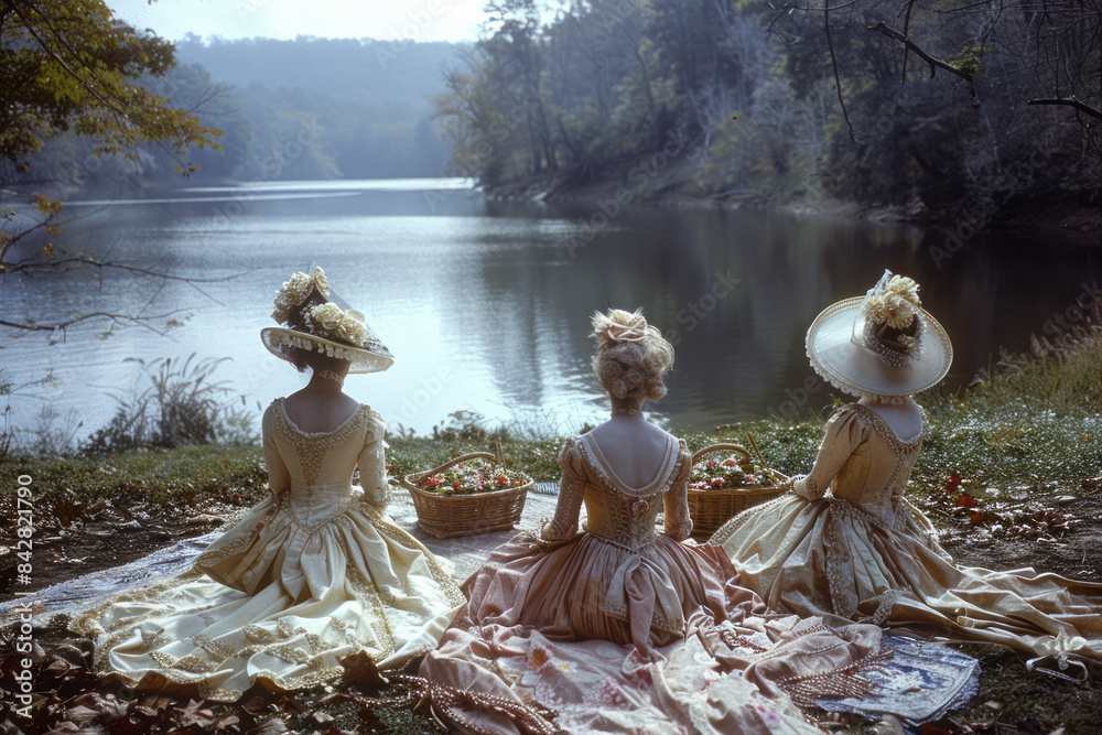 Fotobehang met Elegant Regency-era ladies enjoying a picnic by a serene lake, #842821790
