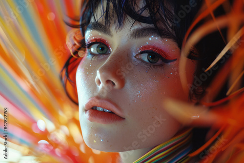 Aesthetic photo of a drag queen surrounded by colorful stage props, exuding theatrical flair,