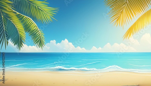 Summer and Travel concept design. Clean landscape of sea and beach. Beautiful nature palm leaf on tropical beach with sun light abstract background with copy space. Vector illustration  AI