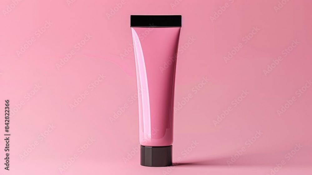 Radiate charm: Pink cosmetic tube with black cap against pink backdrop, a captivating packaging mockup awaiting your personal touch Radiate charm: Pink cosmetic tube with black cap against pink backdrop, a captivating packaging mockup awaiting your personal touch